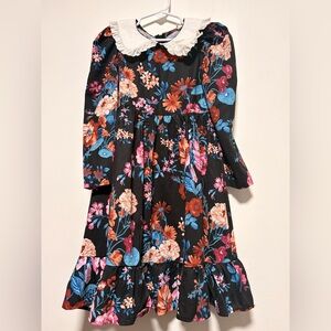 Black Floral Long Sleeve Dress with White Peter Pan Collar